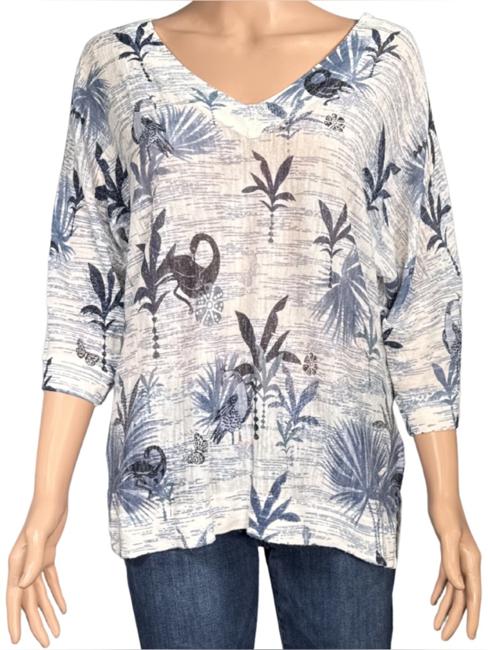 Monsoon Linen Blend‎ Tropical Palm Bird Print V-Neck 3/4 Sleeve Top Blue Cream M
